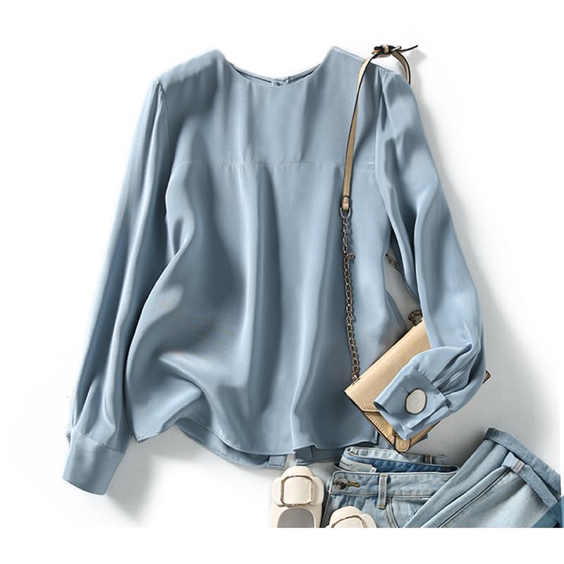 Generic Impresionante top de seda de morera de crepé pesado de un solo pecho - blusa de seda de cuello redondo (azul mate M)