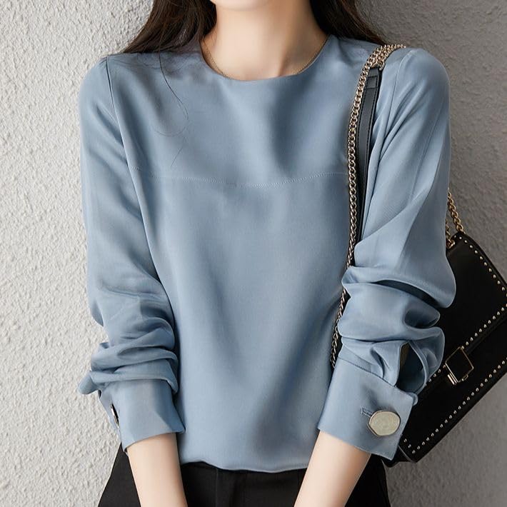 Generic Impresionante top de seda de morera de crepé pesado de un solo pecho - blusa de seda de cuello redondo (azul mate M)