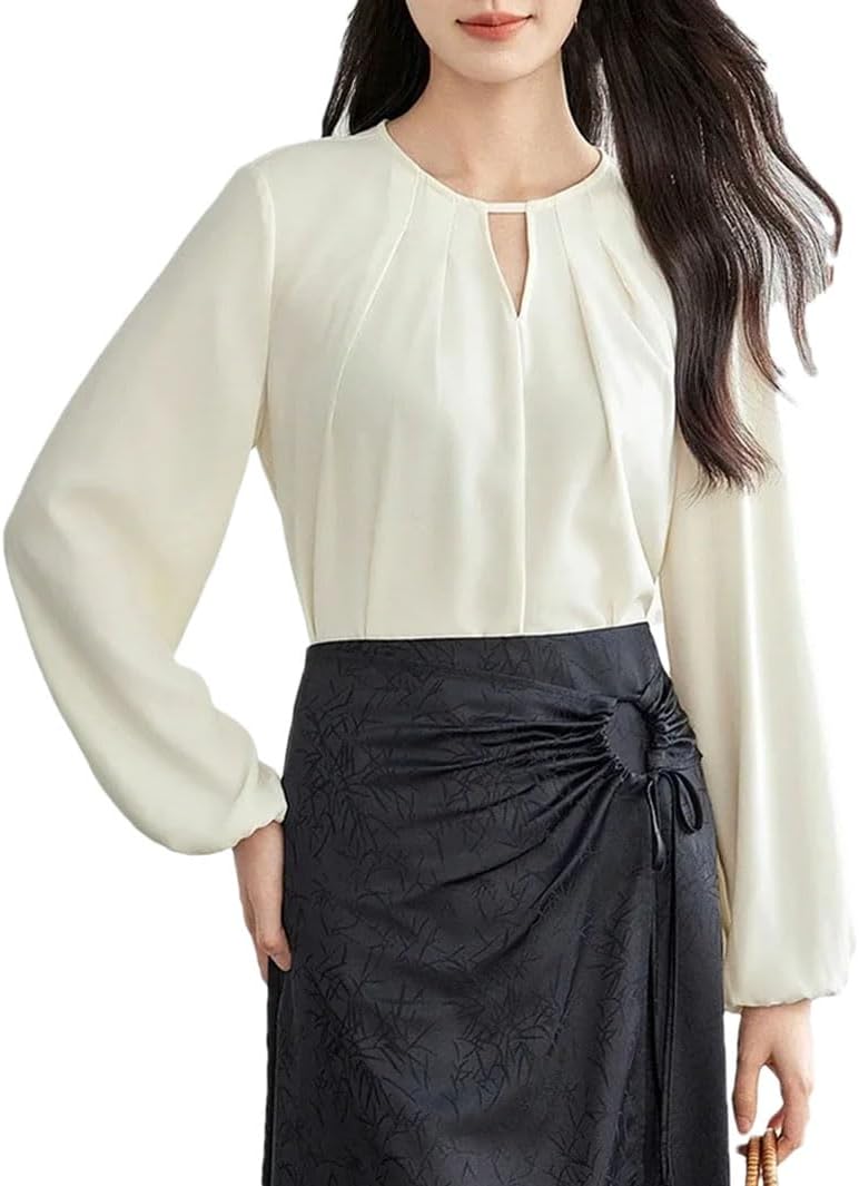 Blusas huecas para mujer, de gasa, cuello redondo, sin botones, de manga larga, plegables