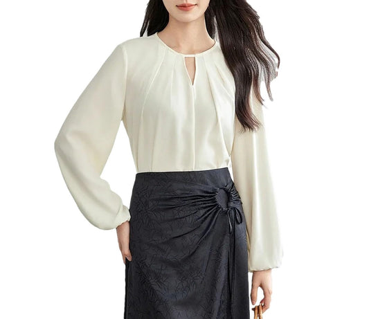 Blusas huecas para mujer, de gasa, cuello redondo, sin botones, de manga larga, plegables
