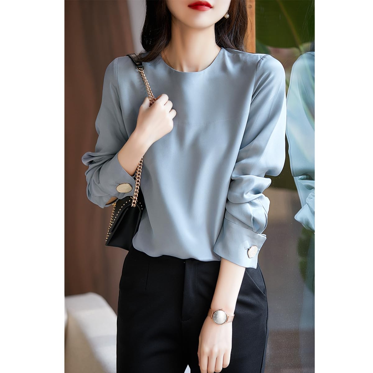 Generic Impresionante top de seda de morera de crepé pesado de un solo pecho - blusa de seda de cuello redondo (azul mate M)